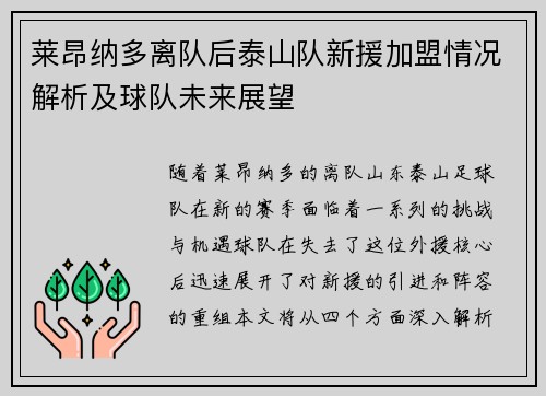 莱昂纳多离队后泰山队新援加盟情况解析及球队未来展望